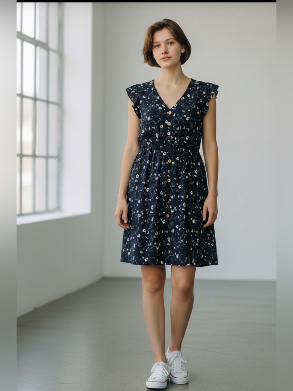 🫶🏻 SHEIN Navy Floral Button-Front V-Neck Dress